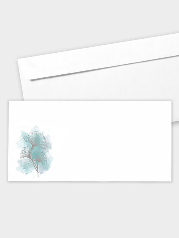 Umschlag im modernen Format (220 x 110 mm) | gerade Klappe/Haftklebung | Auswahl: Papiersorte | Adresseindruck und Lettershop möglich | Motiv Ginkgo Aquarell | TUM_017_ATD