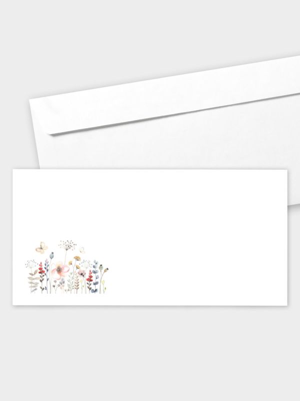 Umschlag im modernen Format (220 x 110 mm) | gerade Klappe/Haftklebung | Auswahl: Papiersorte | Adresseindruck und Lettershop möglich | Motiv Aquarell Blumenwiese | TUM_078_ATD