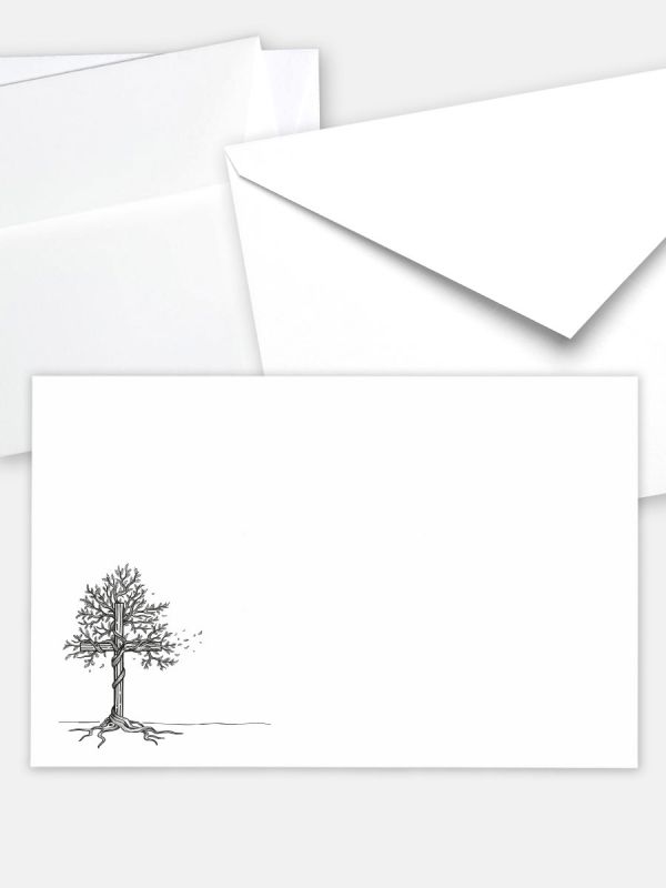 Umschlag im klassischen Format (191 x 120 mm) | Auswahl: Papiersorte, gerade Klappe/Haftklebung oder Spitzklappe/Nassklebung | Adresseindruck und Lettershop möglich | Motiv Baum-Kreuz | TUK_002_ATD