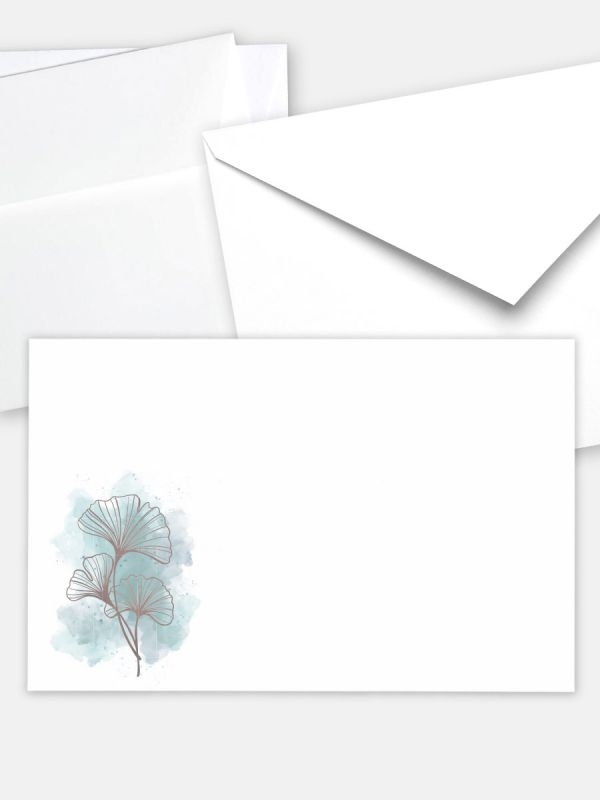 Umschlag im klassischen Format (191 x 120 mm) | Auswahl: Papiersorte, gerade Klappe/Haftklebung oder Spitzklappe/Nassklebung | Adresseindruck und Lettershop möglich | Motiv Ginkgo Aquarell | TUK_017_ATD