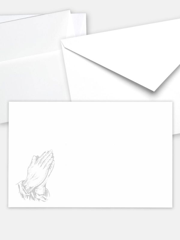 Umschlag im klassischen Format (191 x 120 mm) | Auswahl: Papiersorte, gerade Klappe/Haftklebung oder Spitzklappe/Nassklebung | Adresseindruck und Lettershop möglich | Motiv Betende Hände (Holzschnitt) | TUK_019_ATD