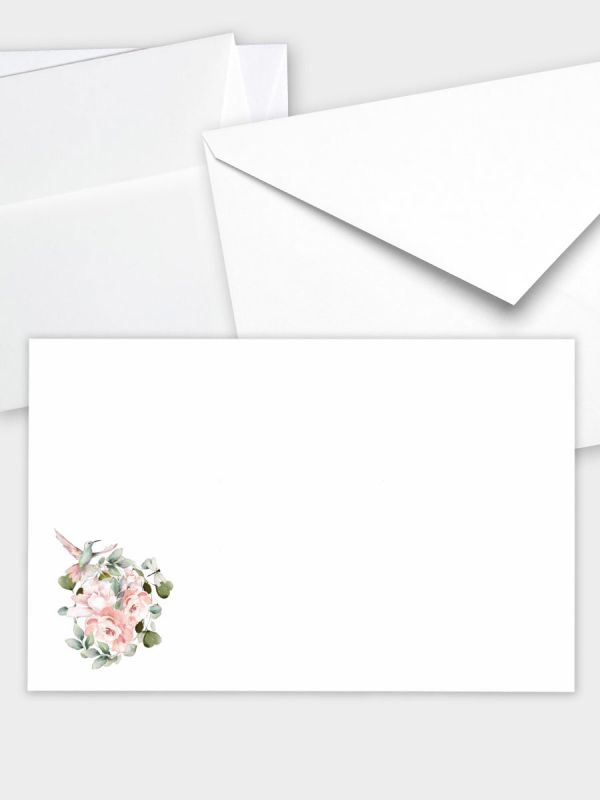 Umschlag im klassischen Format (191 x 120 mm) | Auswahl: Papiersorte, gerade Klappe/Haftklebung oder Spitzklappe/Nassklebung | Adresseindruck und Lettershop möglich | Motiv Kolibri mit Rose | TUK_514_ATD