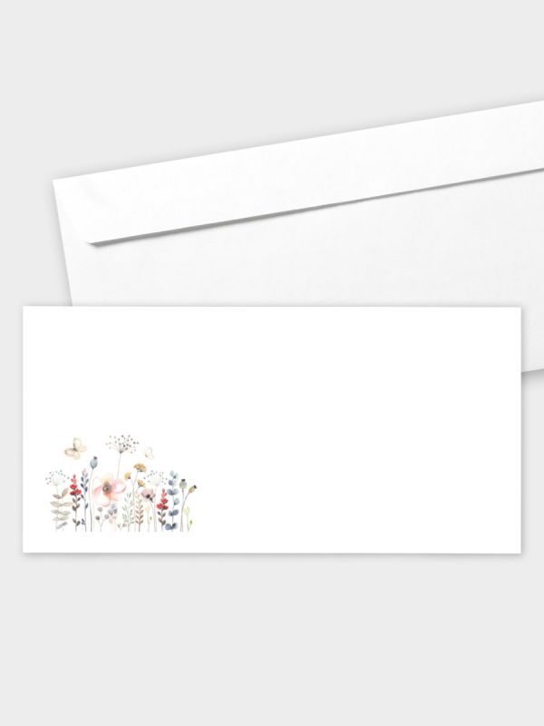 Umschlag im modernen Format (220 x 110 mm) | gerade Klappe/Haftklebung | Auswahl: Papiersorte | Adresseindruck und Lettershop möglich | Motiv Aquarell Blumenwiese | TUM_078_ATD